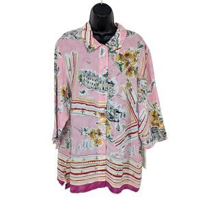 Vtg 90s Scenic Floral Button Up Tunic Cottage Resort Retro Top USA Made Size 1X